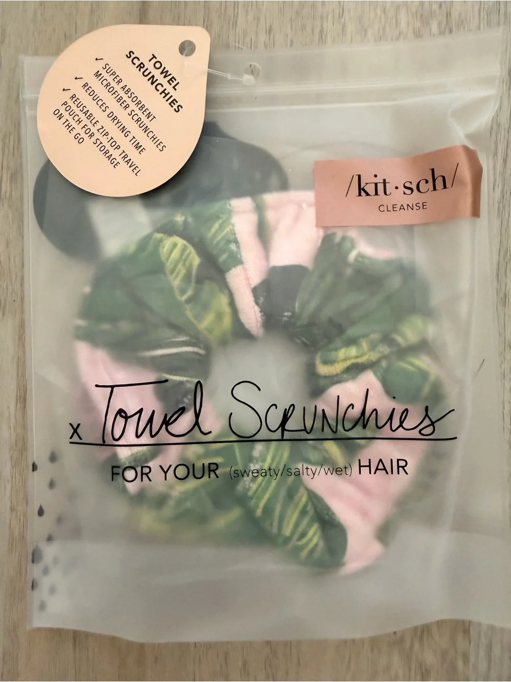 Kitsch Pink & Green Leaf Towel Scrunchie